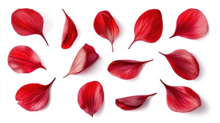 Fototapeta premium A collection of vibrant red flower petals arranged artistically on a white background, showcasing their delicate textures.