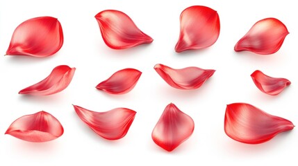 Fototapeta premium A collection of delicate red flower petals scattered elegantly on a white background.