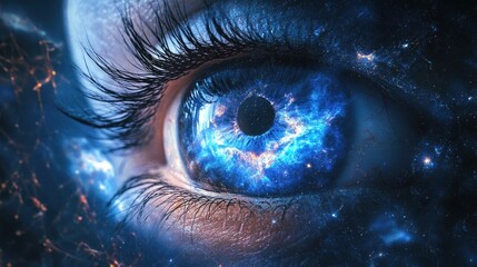 An eye reflecting a vast blue cosmic universe, with abstract celestial patterns and stars swirling in the background.