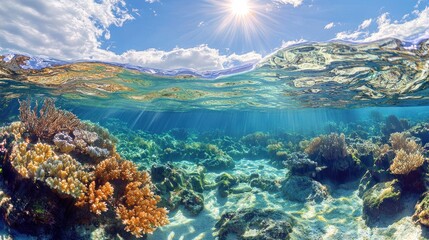 Vibrant coral reef beneath sunlit water, showcasing a colorful underwater ecosystem.