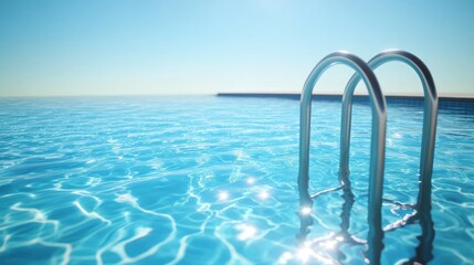 Obraz premium A serene view of a swimming pool with bright blue water and gleaming reflections under a clear sky.