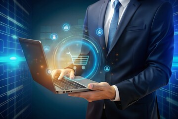 businessman using a laptop with a virtual screen of an online shopping icon.