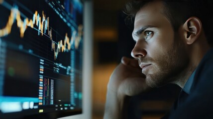 Focused young Caucasian male analyzing financial data on a computer screen in a dimly lit environment.