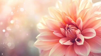 A soft, close-up view of a pink dahlia flower, showcasing its delicate petals and ethereal background.