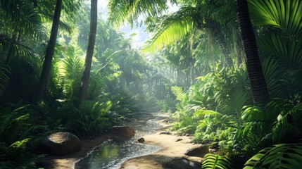 Lush tropical rainforest with vibrant greenery, serene stream, and dappled sunlight illuminating the tranquil scene.