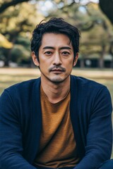 Obraz premium 公園でリラックスする男性のポートレート、自然の中で穏やかな表情を見せる