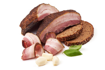 Hot smoked meat with slices, isolated on white background.