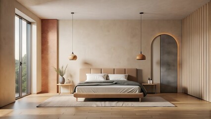 Minimalist interior design of modern bedroom with Light brown wall.