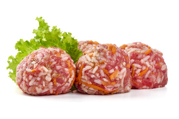 Raw pork meatballs, isolated on white background.