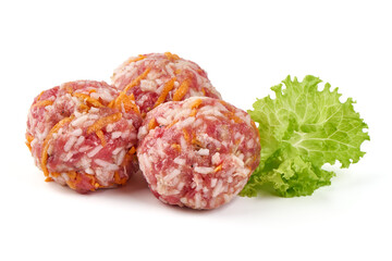 Raw pork meatballs, isolated on white background.