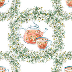 Seamless pattern with transparent teapot and chamomile wreaths. Watercolor illustration for packaging design, coffee shops, advertising of ecological products