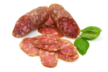 Traditioanal air dried sausage, isolated on white background.