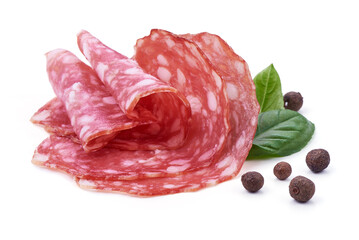 Italian Salami with basil leaves, isolated on white background.