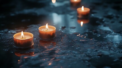 Three burning candles are floating on a dark, icy surface, casting a warm glow.