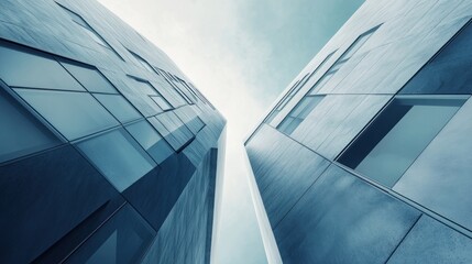 A stunning view of modern skyscrapers with angular shapes and reflective glass surfaces, creating a dramatic upward perspective.
