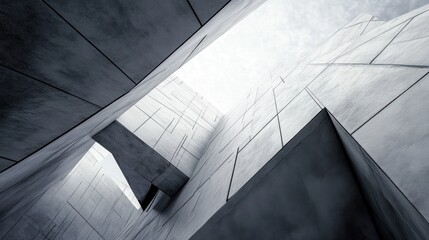 An abstract view of gray concrete architecture, showcasing sharp angles and innovative design elements.