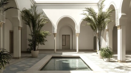 Sunlit Courtyard with Arched Entrance and Pool.