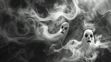 Spooky wallpaper with floating ghostly faces and swirling mist, giving an eerie and unsettling vibe