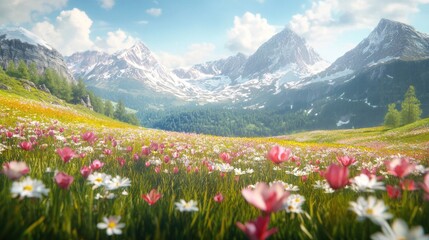 Fototapeta premium A vibrant meadow filled with colorful flowers set against majestic snow-capped mountains under a clear blue sky.