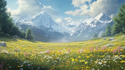 Fototapeta premium A breathtaking view of a vibrant flower-filled meadow surrounded by majestic snow-capped mountains under a clear blue sky.