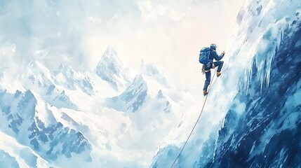 Climber Ascending a Snowy Mountain Peak.