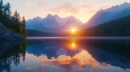 Breathtaking sunrise over tranquil lake, reflecting majestic mountains and colorful sky.