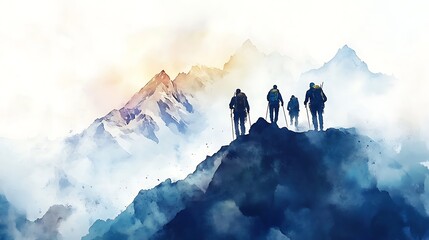 Watercolor Illustration of Hikers Ascending a Mountain Peak.