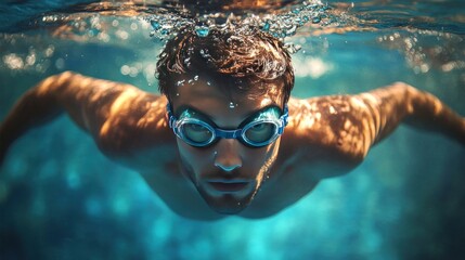 A young Caucasian male swimmer with goggles gliding below the water surface, showcasing athleticism and focus.