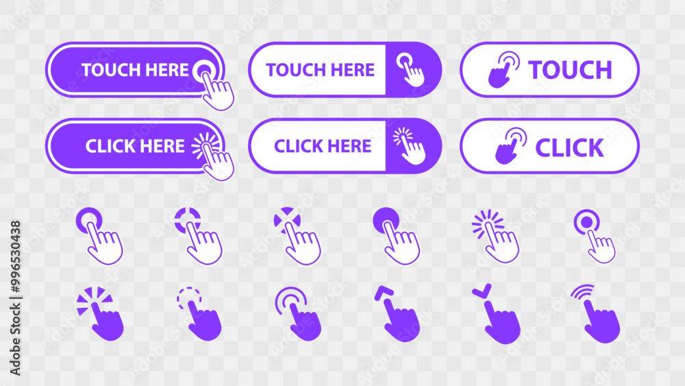 Poster clickable web buttons with cursor pointer icon. web site button set collection. call for action clic