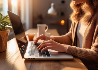 woman typing on a laptop inside warm sunlight glow from a window