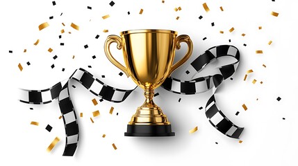 A gold trophy cup surrounded by black and white checkered ribbon and golden confetti.