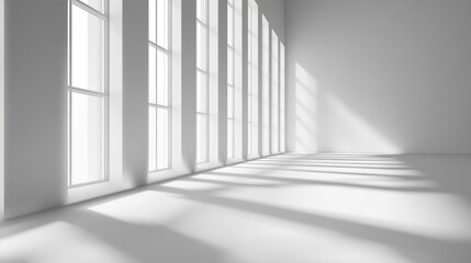 Fototapeta premium A bright, airy interior featuring tall windows casting delicate shadows across a minimalist space.