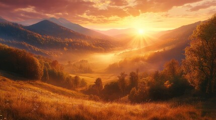 A breathtaking sunset illuminates a tranquil valley surrounded by mountains, casting a golden glow over the lush landscape.