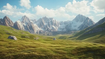 Naklejka premium A breathtaking view of majestic snow-capped mountains surrounded by lush green meadows under a bright blue sky.