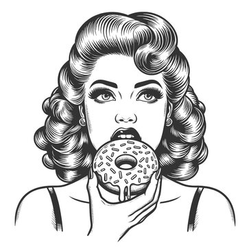 recommend clip art: woman eats a sprinkled donut, evoking vintage charm sketch engraving generative ai fictional character vector illustration. Scratch board imitation. Black and white image.