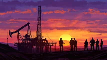 Silhouettes of skilled workers at an oil rig during a vibrant sunset, showcasing teamwork in the energy industry.