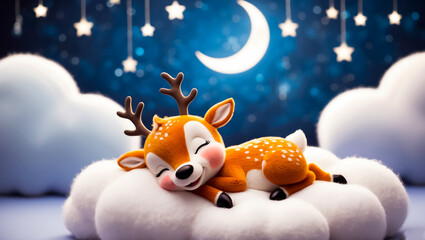 Little cute cartoon deer sleeping on a cloud decoration