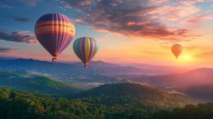 Naklejka premium Three colorful hot air balloons flying over the mountain, green forest and blue sky at sunset time, Beautiful landscape background, photo-realistic style, high resolution photography