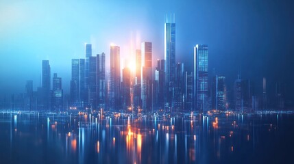 Obraz premium A stunning futuristic cityscape at dawn, illuminated by shimmering lights and reflecting on the calm water below.