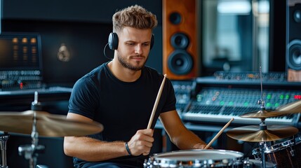 A focused drummer plays on a drum set in a professional studio, showcasing passion and skill in a vibrant music environment.