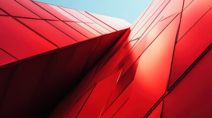 Abstract close-up of a striking red architectural structure with sharp angles and reflective surfaces.