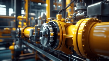 Obraz premium A close-up of industrial pipelines with vibrant yellow fittings and complex machinery, showcasing precision engineering.