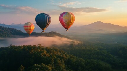 Fototapeta premium Three colorful hot air balloons flying over the mountain, green forest and blue sky at sunset time, Beautiful landscape background, photo-realistic style, high resolution photography