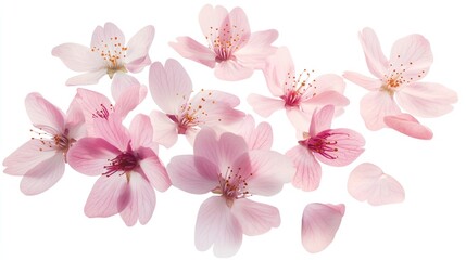 Delicate pink cherry blossom petals scattered artistically on a white background.