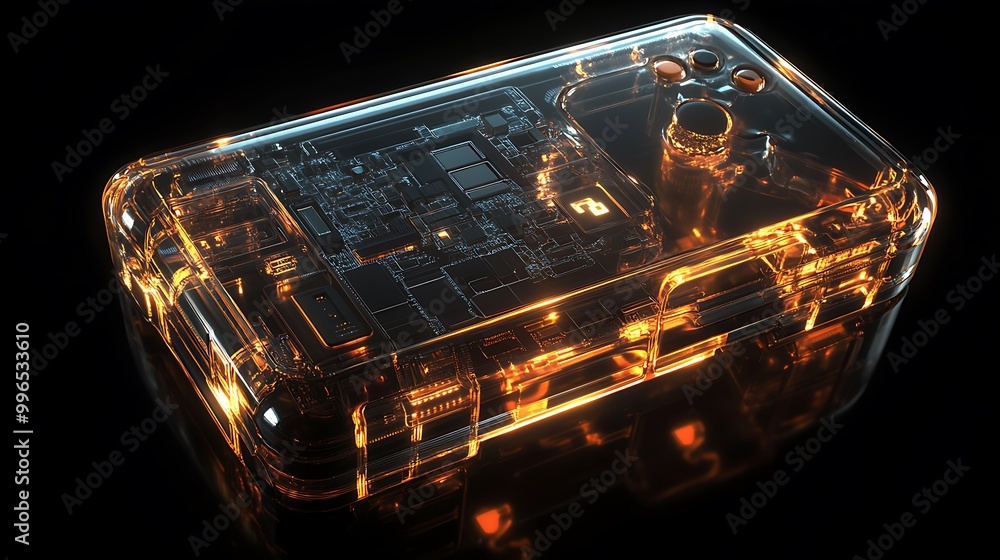 Poster Transparent Device with Glowing Circuits and Buttons
