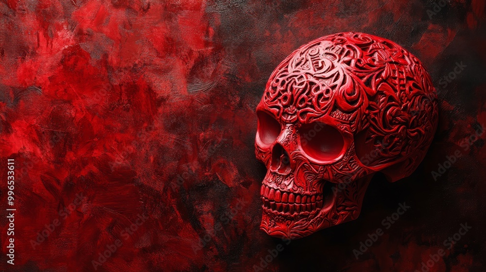 Poster this handcrafted skull art piece features vibrant red hues and intricate carvings that add depth and