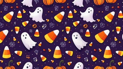 Cute Halloween pattern featuring candy corn, tiny pumpkins, and ghosts on a purple background 