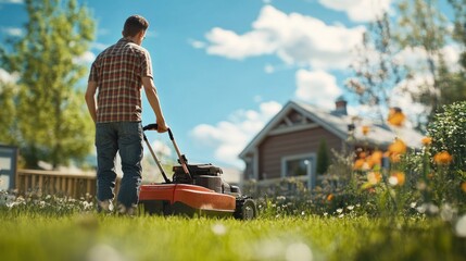 A young Caucasian man mowing his lawn on a sunny day, enjoying the outdoors and maintaining his garden.