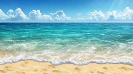 Fototapeta premium A serene beach scene showcasing turquoise waters and fluffy white clouds above, evoking tranquility and relaxation.
