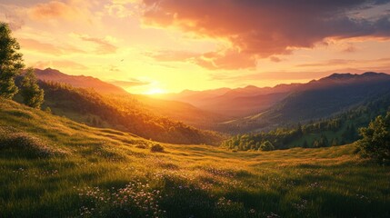 Breathtaking sunset over a lush green valley, mountains silhouetted against the vibrant sky.